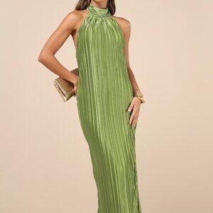 Lulus Gwenny Lime Green Satin Plisse Maxi Dress - Size S